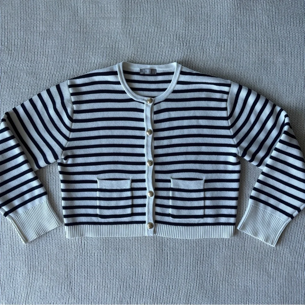 J. Crew Navy and White Striped Cropped Cardigan